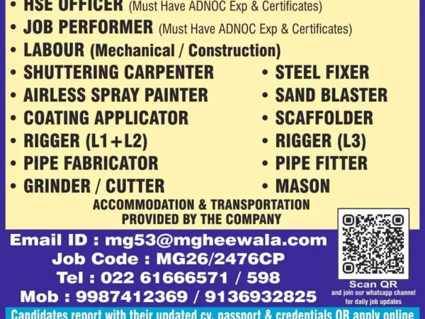 Urgent Hiring for Dubai, ADNOC Oil & Gas Project, Interview in Mumbai